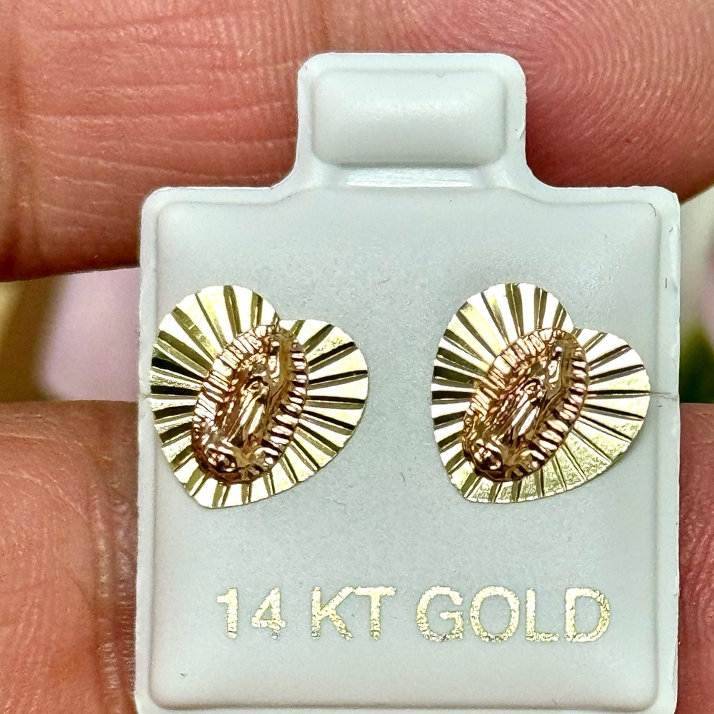 olid Gold 14 Karat Yellow Religous Two Tone Heart  Stud Earring